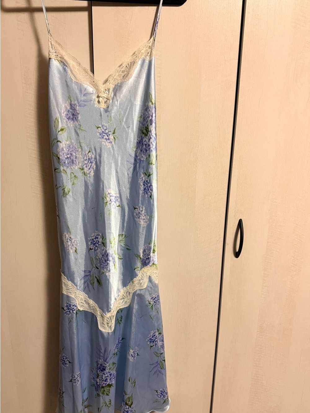 Light Blue Floral Satin Slip with Cream Lace Trim